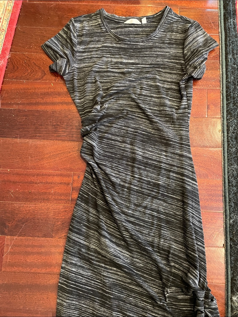 Athleta black dress with white and grey stripes